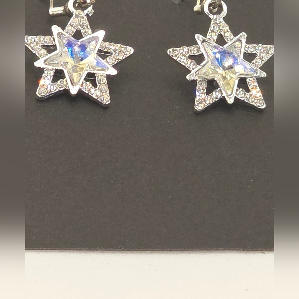 Silver & White Reflective Star Rhinestone Earrings HypoAllergenic Handmade Hook - Picture 3 of 3